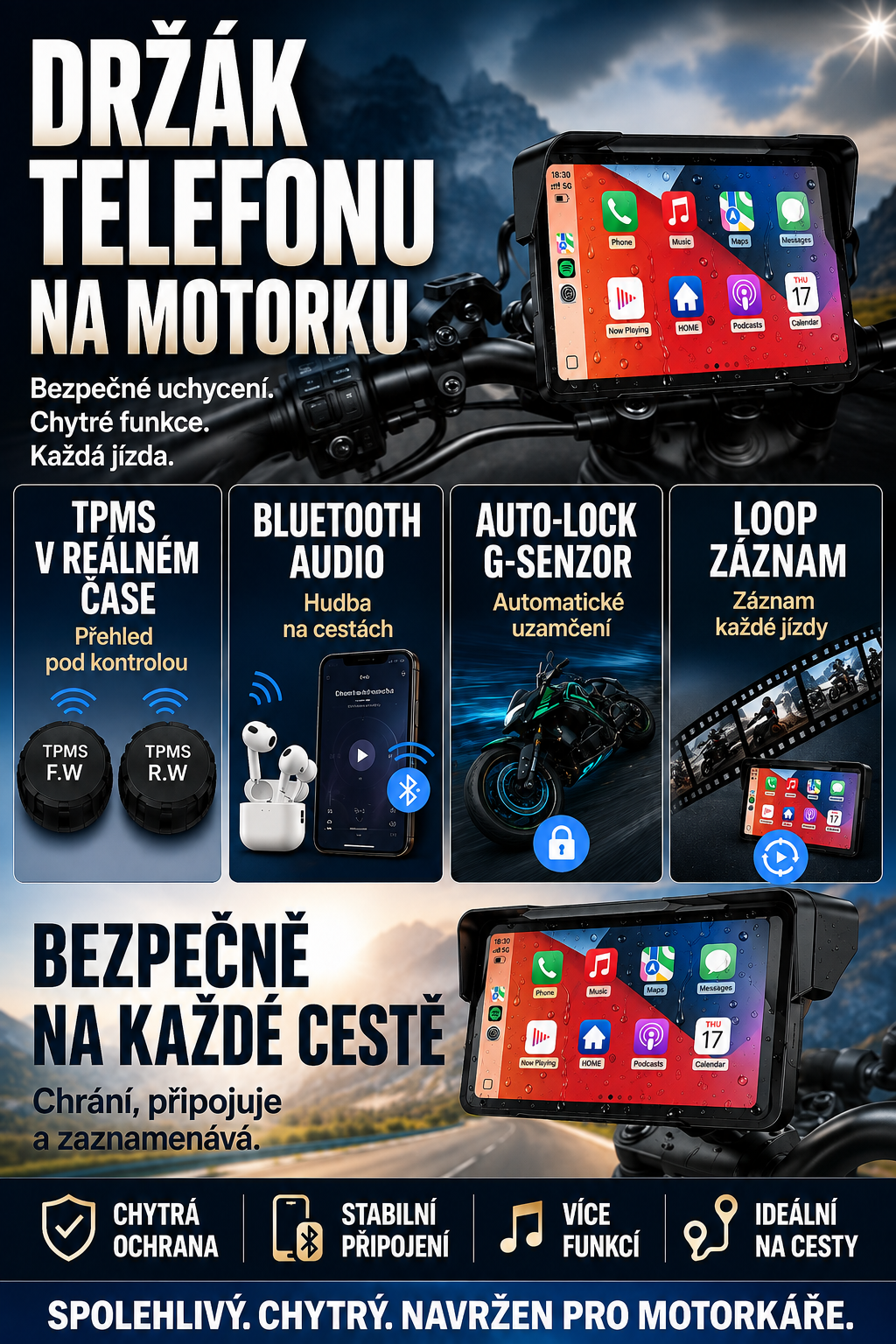 7″ motocyklový displej s CarPlay a navigací