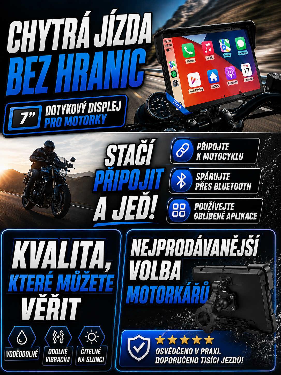 7″ motocyklový displej s CarPlay a navigací